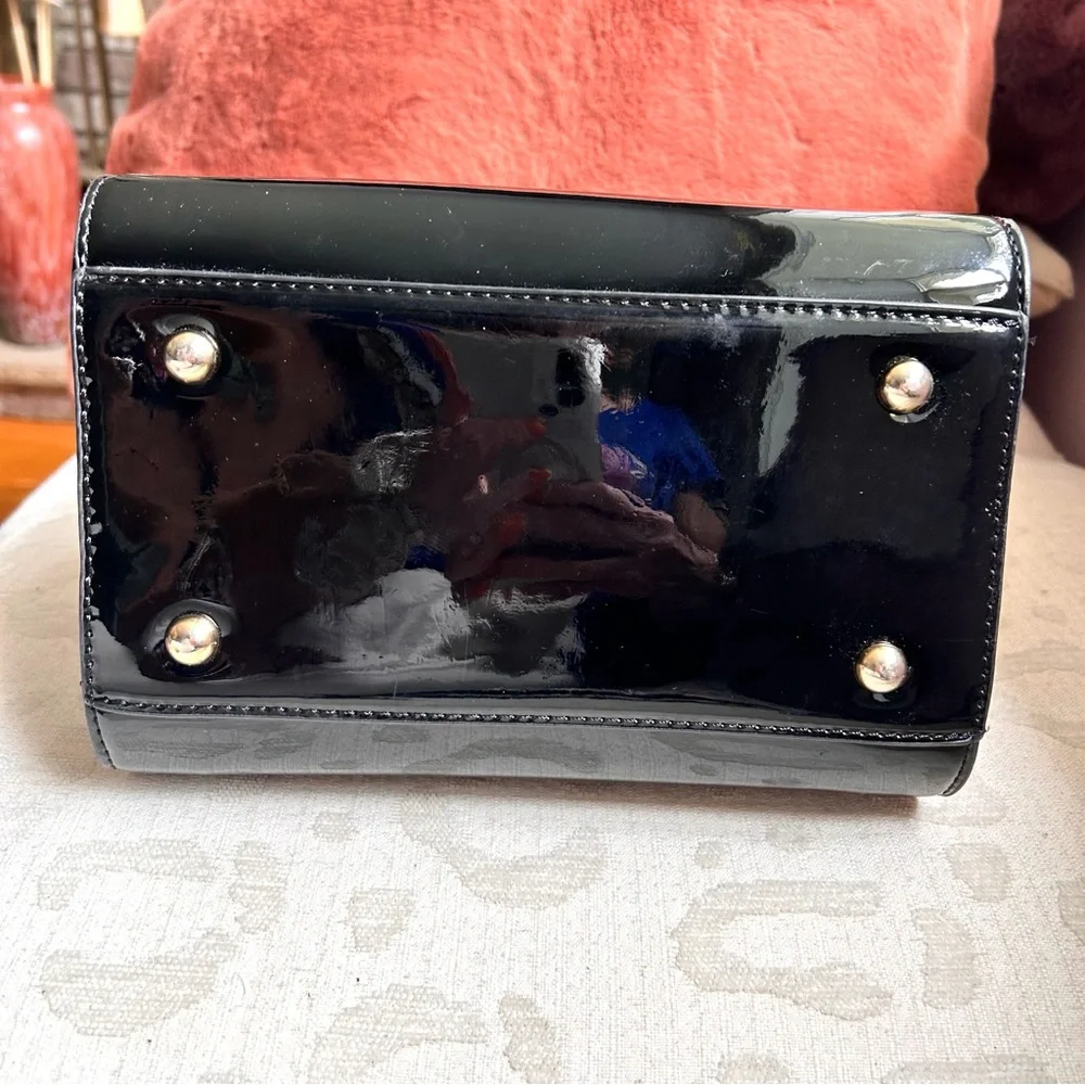 Faux Black Patent Leather Satchel with Gold Hardware, Handles and Crossbody